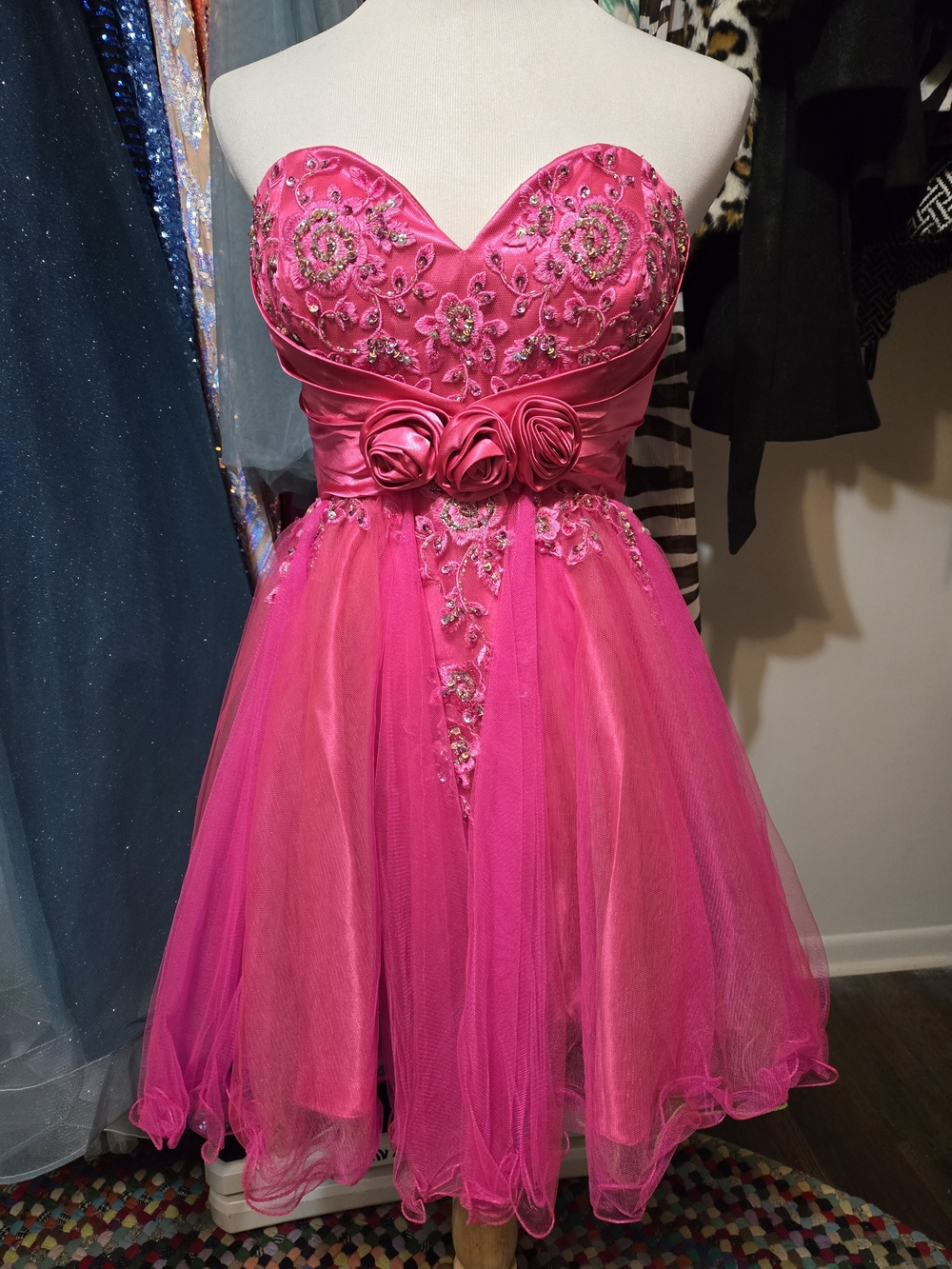 Cinderella Hot Pink Strapless Embellished Satin & Tulle Homecoming Party Dress